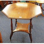 20TH CENTURY OCTAGONAL TOPPED OAK TIER OCCASIONAL TABLE WITH TURNED COLUMNS ON SHAPED SUPPORTS -