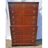 20TH CENTURY MAHOGANY CHEST ON CHEST WITH 8 LONG DRAWERS ON PLINTH BASE 137CM TALL X 78CM WIDE X