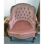 EARLY 20TH CENTURY MAHOGANY BUTTON BACK ARMCHAIR ON SHAPED SUPPORTS