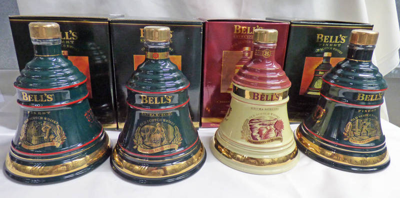 SELECTION OF 4 BELL'S WHISKY DECANTERS TO INCLUDE CHRISTMAS 1992, 1993, 1995, 1996 - ALL 70CL,