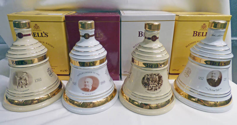 SELECTION OF 4 BELL'S WHISKY DECANTERS TO INCLUDE CHRISTMAS 2000, 2006, 2008, 2009 - ALL 70CL,