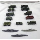 SELECTION OF PLAYWORN DINKY TOYS MILITARY VEHICLES INCLUDING 3 TON ARMY WAGTON ,