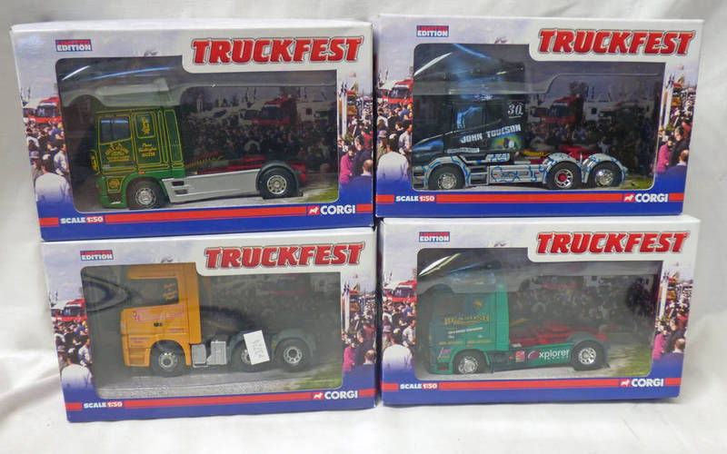 FOUR CORGI 1 :50 SCALE MODEL HGVS FROM THE TRUCKFEST RANGE INCLUDING CC13232 - DAF XF SPACE CAB,