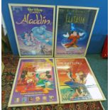 FOUR DISNEY RELATED VHS PROMOTIONAL POSTER INCLUDING ALADDIN, FANTASIA,