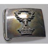 WHITE METAL GORDON HIGHLANDERS BELT BUCKLE WITH STAG AND 'BY DAND' MOTTO,