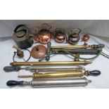 6 BRASS & METAL SPRAYS & PUMPS & 4 19TH EARLY 20TH CENTURY COPPER KETTLES ETC