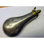 19TH CENTURY POLISHED STEEL POWDER FLASK WITH BRASS NOZZLE