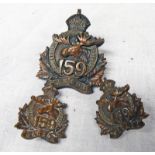 CANADA 159TH BATTALION INSIGNIA TO INCLUDE A BRONZE CAP BADGE BY 'ELLIS BRO' AND A PAIR OF MATCHING