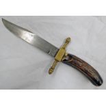 HORN HANDLED BOWIE STYLE KNIFE WITH 18CM LONG CLIP POINT BLADE MARKED 'H A LTD U.S.