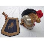 A FRENCH DRAGOON HELMET C 1860-1900 WITH WHITE METAL FITTINGS, BLACK HORSE HAIR, RED PLUME,
