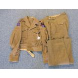 1949 PATTERN BATTLE DRESS BLOUSE SIZE 10 WITH HIGHLAND DIVISION PATCHES AND A PAIR OF SIZE NO 14