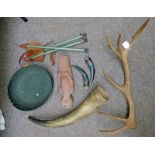 LARGE COW HORN LENGTH 76CM 2 SMALLER ONES, DEER HORN WITH 6 POINTS, LEATHER & METAL FOLDING SEAT,