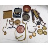 SELECTION OF BRASS & COPPER SCALE PARTS , BRASS WEIGHTS, CASED SET OF WEIGHTS,