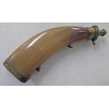 19TH CENTURY POWDERHORN, POLISHED FLATTENED HORN, (TRANSLUCENT BODY) WITH BRASS MOUNT,