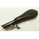 19TH CENTURY SHOT FLASK, BAG SHAPED LEATHER BODY WITH SUSPENSION RING AND MARKED 1'LB,