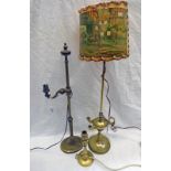 SET OF 3 19TH CENTURY BRASS LAMPS, ONE WITH ORIGINAL DECORATIVE SHADE,