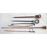 WO SHOOTING STICKS, BOOSEY & CO, BRASS HORN, BAMBOO RIDING CROP,