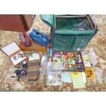 FISHING BAG WITH CONTENTS TO INCLUDE CARDOC NYLON CARD, SCIENTIFIC ANGELRS GUT, WOODEN LURE BOX,