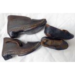 PAIR OF LATE 18TH OR EARLY 19TH CENTURY WOODEN SOLED LEATHER CHILD'S SHOES AND A PAIR OF DOLL'S