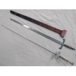 FENCING FOIL BY LEON PAUL & ENGRAVED REPRODUCTION SWORD WITH BROWN VELVET SCABBARD