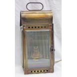 19TH CENTURY BRASS SHIP'S WATCH LANTERN WITH DOMED TOP, 3 GLASS PANELS,