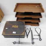 LETTER RACK FOR DESK TOP, OAK AND BRASS BOUND BOX, METAL CALIPERS,