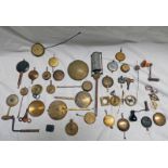 19TH & EARLY 20TH CENTURY CLOCK PENDULUM & BOBS, VARIOUS CLOCK KEYS, PULLEY WHEELS,