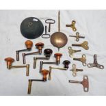 7 WOOD & METAL CLOCK KEYS, 10 METAL CLOCK KEYS, HEAVY CLOCK PENDULUM,