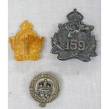 WHITE METAL CANADA 159TH BATTALION WHITE METAL OFFICERS CAP BADGE,