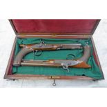 OWEN POWELL, SHEFFIELD CASED PAIR OF FINE 50 - BORE PERCUSSION SAW-HANDLED TARGET PISTOLS,