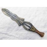 CONGOLESE TRIBAL KNIFE WITH 35 CM LONG PIERCED LEAF SHAPED BLADE, DOUBLE EDGED,