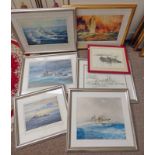 7 NAUTICAL THEMED PRINTS, DEPICTING BATTLESHIPS, CARRIERS ETC, SOME SIGNED ,