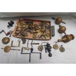 GOOD SELECTION OF CLOCK KEYS FINIALS PULLEY WHEELS AND CLOCK PENDULUMS,