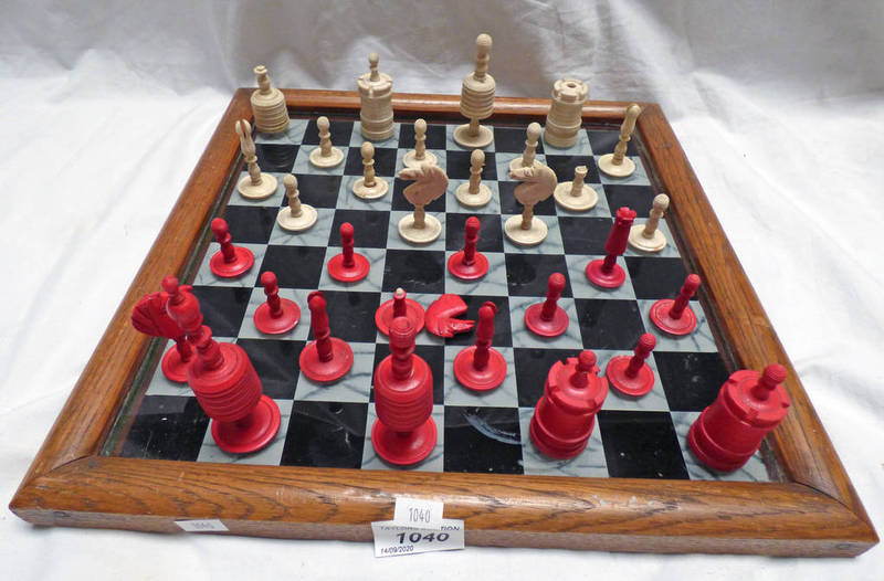 LATE 19TH CENTURY OAK FRAMED GLASS CHESS BOARD & VARIOUS 19TH CENTURY CHESS PIECES