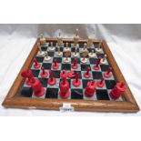 LATE 19TH CENTURY OAK FRAMED GLASS CHESS BOARD & VARIOUS 19TH CENTURY CHESS PIECES