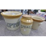 3 STONEWARE POTS, PEAS WITH LID,