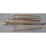 SELECTION OF STICKS TO INCLUDE TWO HARDWOOD AFRICAN STYLE STICKS, ANTLER HANDLED STICKS,