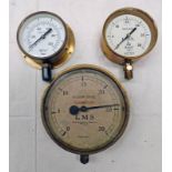 3 BRASS GAUGES TO INCLUDE A PRESSURE GAUGE,