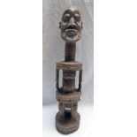 CONGO CARVED WOOD FIGURE WITH GIRDLE SHOULDERS AND BASKET WEAVE CARVING TO WAIST,