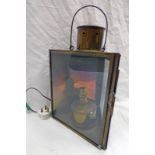 19TH CENTURY BRASS TRIANGULAR SHIP'S LIGHT WITH 2 GLASS PANELS, BURNER CONVERTED TO ELECTRIC,