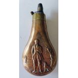 19TH CENTURY SHOT FLASK WITH BRASS NOZZLE & EMBOSSED DECORATION HUNTSMAN & DOG