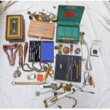 VARIOUS DRAWING SETS BRASS ARTIFACTS , SCOUT KNIVES,
