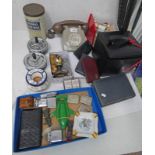 OLD ROTARY PHONE, NATIONAL DRIED MILK TIN, SPOOLS OF SYLKO FAST DYE, ETC, MATCH HOLDERS,