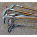 VARIOUS HICKORY SHAFTED IRONS & DRIVER & OTHER GOLF CLUBS ONE WITH SQUARE SHAFT