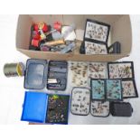 SELECTION OF FLY FISHING RELATED ITEMS TO INCLUDE A SOLID BRASS PRIEST, SECTIONAL PLASTIC FLY BOXES,