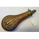 19TH CENTURY COPPER POWDER FLASK WITH HARE & SNIPE DECORATION