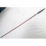 ASSEGAI TRIBAL SPEAR WITH LEAF SHAPED IRON BLADE AND METAL BANDING HARDWOOD