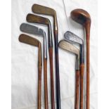 SELECTION OF GOLF CLUBS TO INCLUDE C BRAND CARNOUSTIE PUTTER, BRASS DOUBLE SIDED PUTTER,