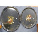 TWO LACQUER TRAYS, INSET WITH MOTHER OF PEARL, BOTH WITH FLORAL DECORATION,