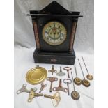 LATE 19TH CENTURY BLACK SLATE THE ANSONIA MANTLE CLOCK WITH PENDULUMS & 10 CLOCK KEYS